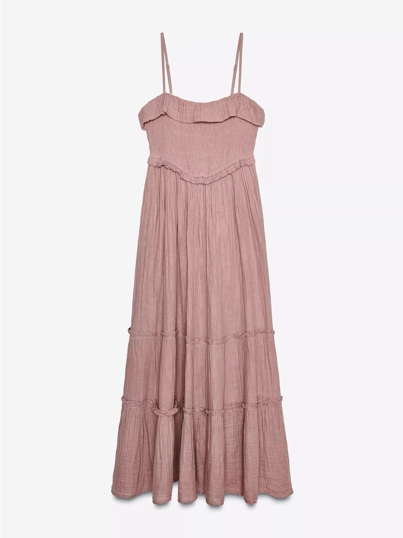 Zara Dusty Rose Smocked Maxi Dress With Ruffle Trim